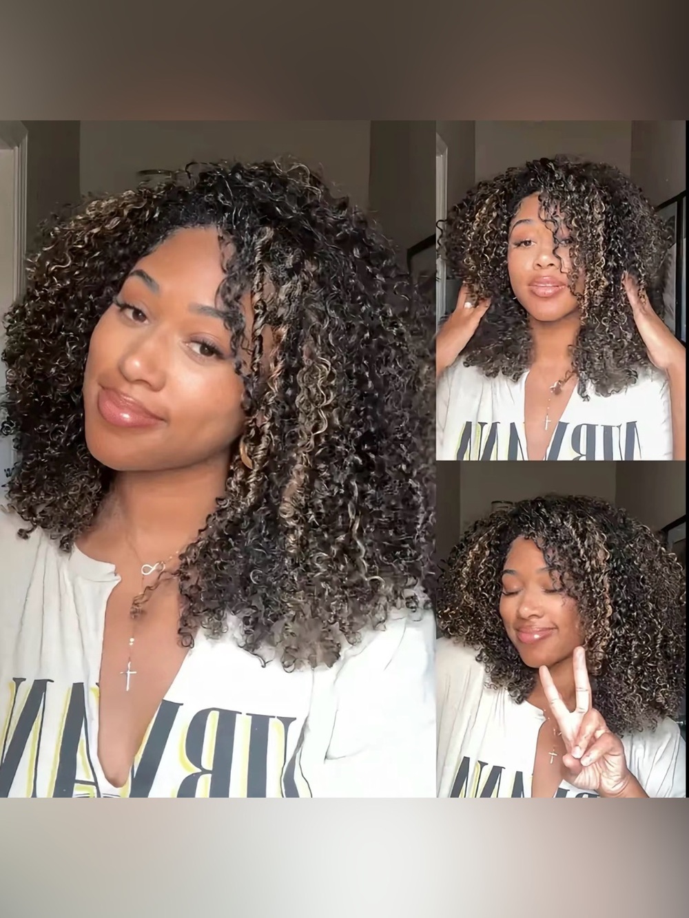 ISEE HAIR Glueless Human Hair Half Wig - Highlight Brown Kinky Curly,